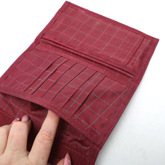 Vintage Plaid Nylon Wallet Red Burgundy Checks Zipper Velcro Closure - Picture 3 of 8